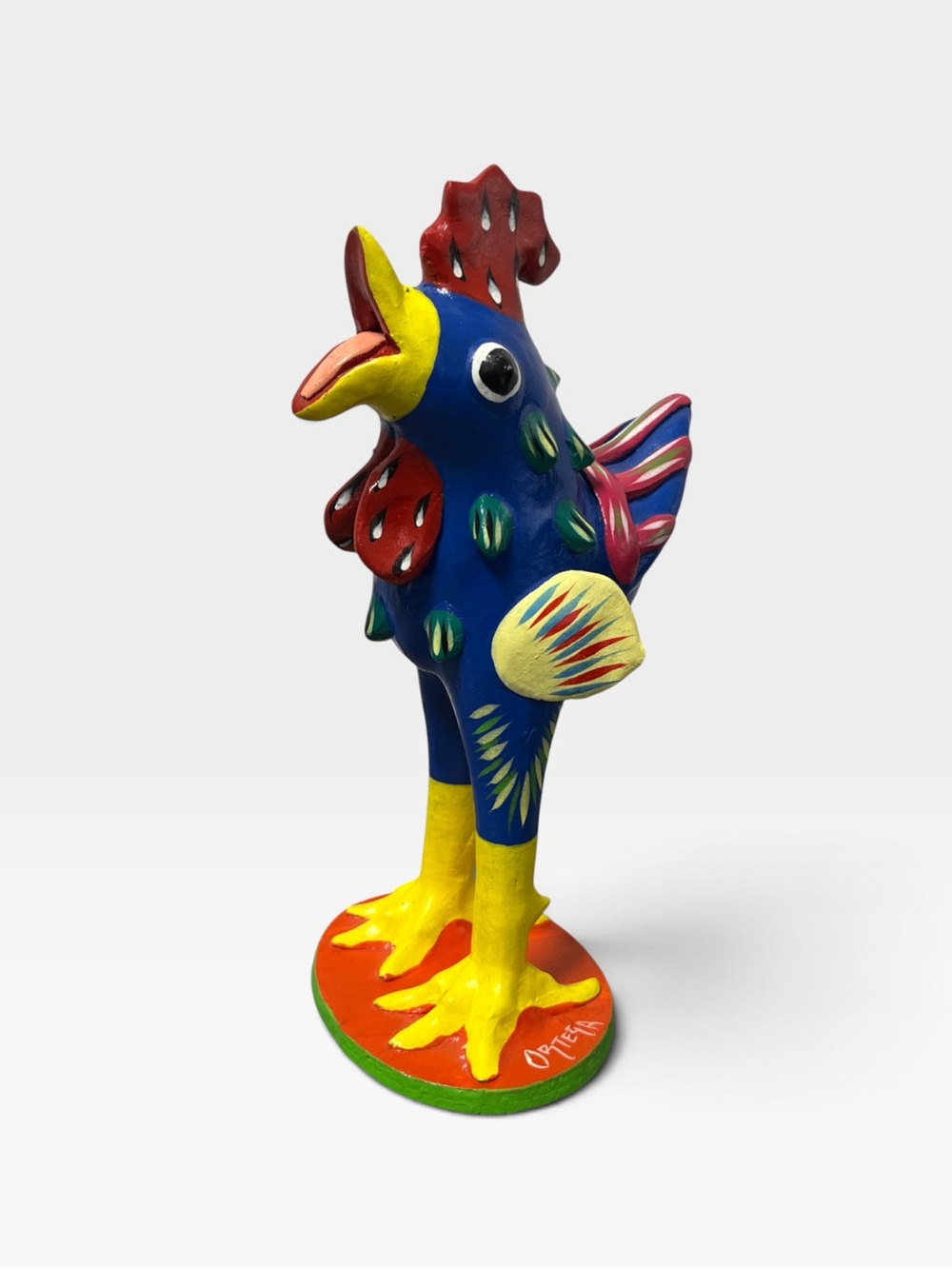 Ortega Pottery Chicken Rooster 11” Mexico Folk Art Signed Tonala Mexico Blue